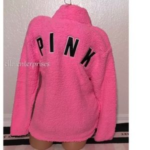 VS Pink Bright Pink Sherpa Quarter Zip Sweater